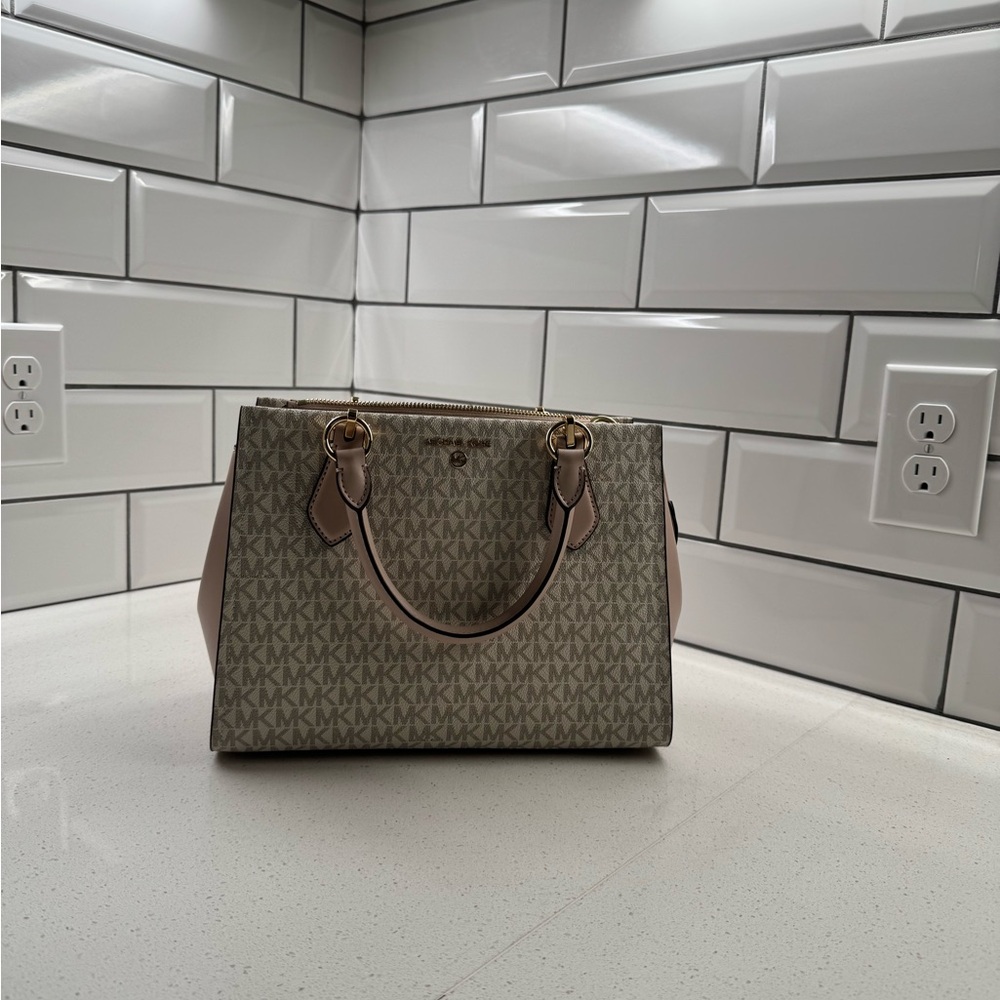 Michael Kors Signature Beige and Pink Satchel